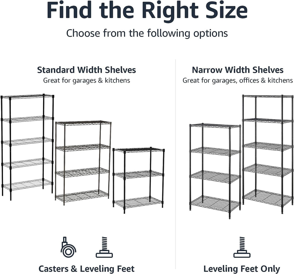 Amazon Basics 5-Shelf Medium Adjustable, Heavy Duty Storage Shelving Unit on 4'' Wheel Casters, Metal Organizer Wire Rack, Black, 30" L X 14" W X 64.75" H