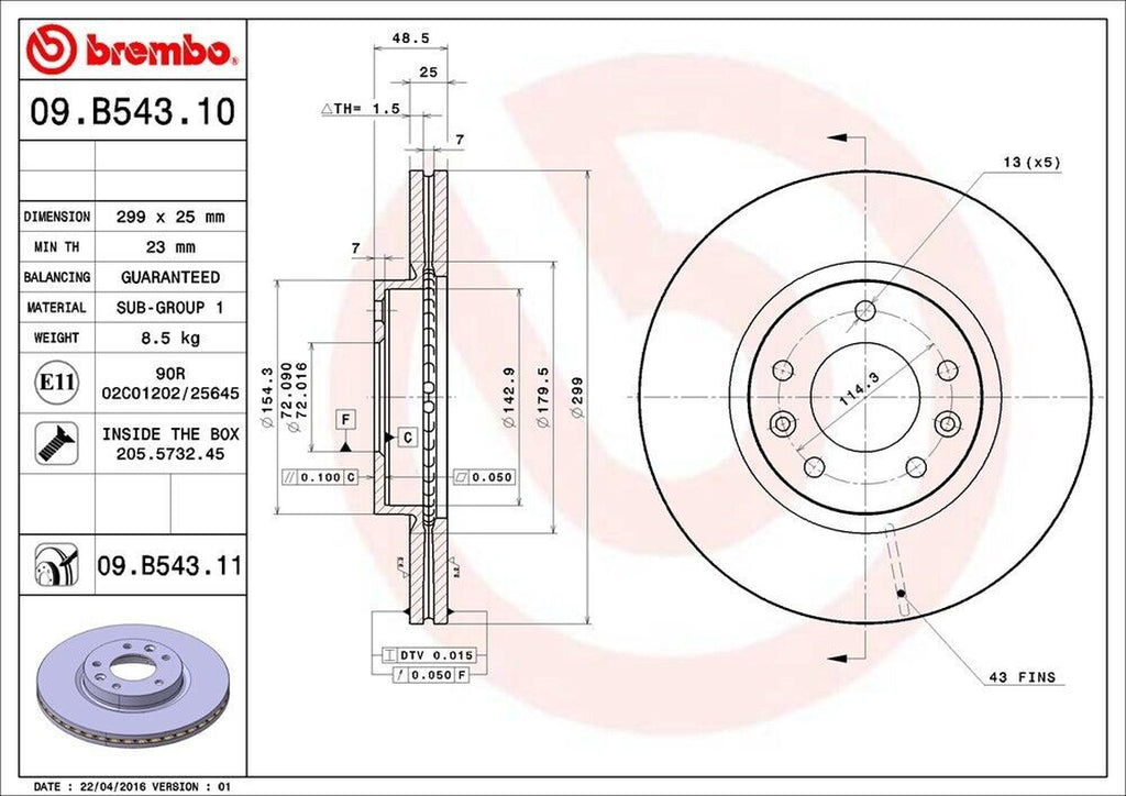 Brembo Front Disc Brake Rotor for 6, Fusion, MKZ, Milan, Zephyr (09.B543.11)