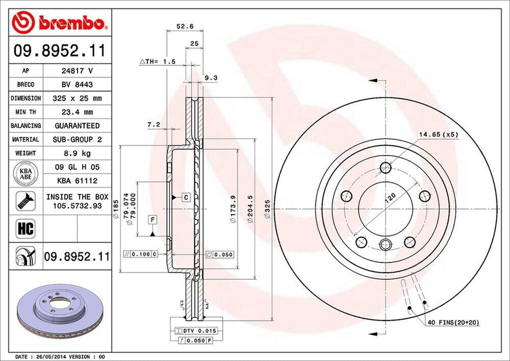 Brembo Front Disc Brake Rotor for BMW (09.8952.11)