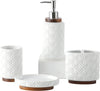 RQYIXI Bathroom Accessories Set 4 Pcs Toothbrush Holder Soap Dispenser Set Ceramic and Wood Bathroom Set Contain Toothbrush Cup Soap Dispenser Soap Dish Tumbler