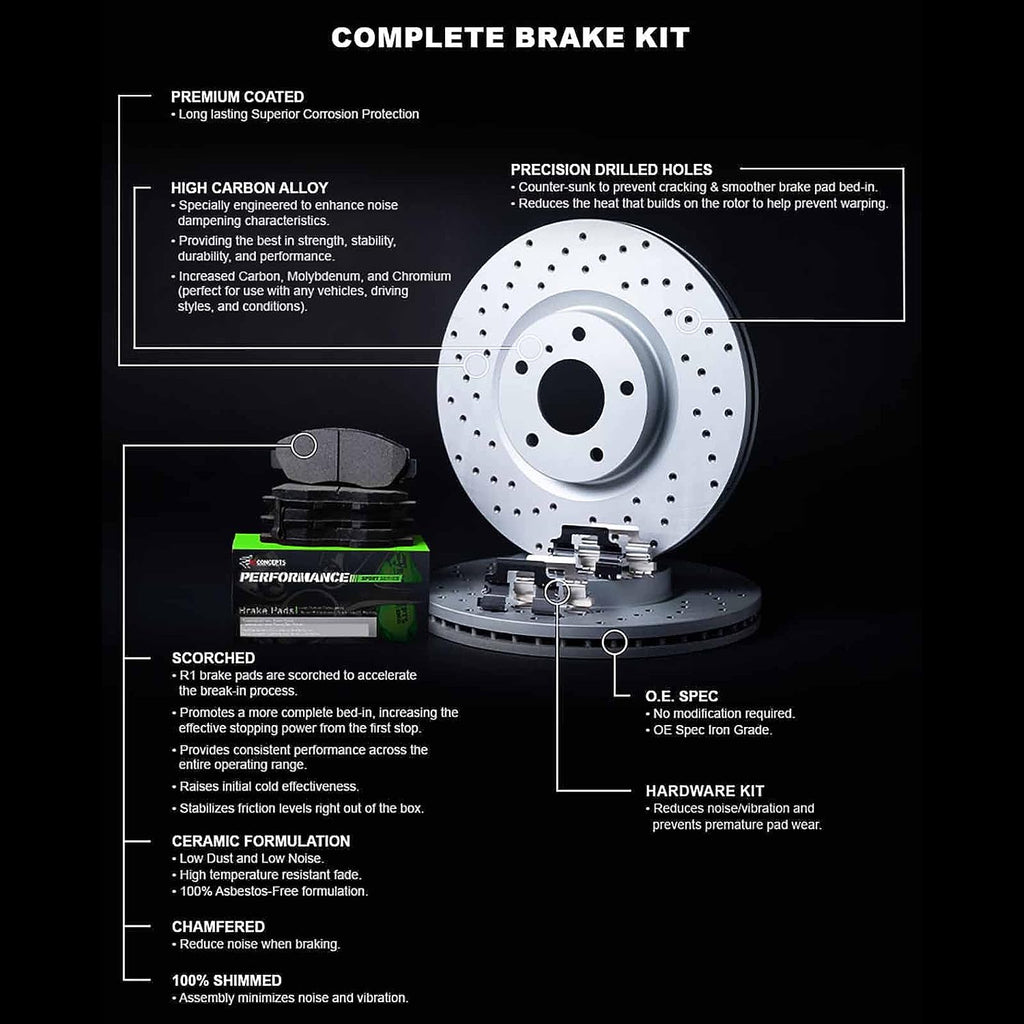 R1 Concepts Front Brakes and Rotors Kit |Front Brake Pads| Brake Rotors and Pads| Performance Sport Brake Pads and Rotors| Hardware Kit|Fits 2008-2019 Pontiac Vibe; Scion Xd; Toyota Corolla, Matrix