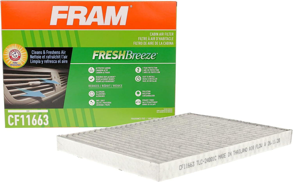 Fresh Breeze Cabin Air Filter with Arm & Hammer Baking Soda, CF11663 for Select Buick, Chevrolet, GMC and Saturn Vehicles, White