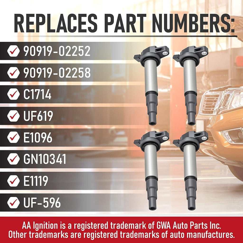 Replacement Ignition Coil Pack Set of 4 - Compatible with Toyota, Lexus, Scion - 1.8L L4 Corolla, Matrix, Prius, V, Plug-In, Vibe, Xd, Ct200H - Replaces 90919-02252, 90919-02258, UF596, UF619, C1714