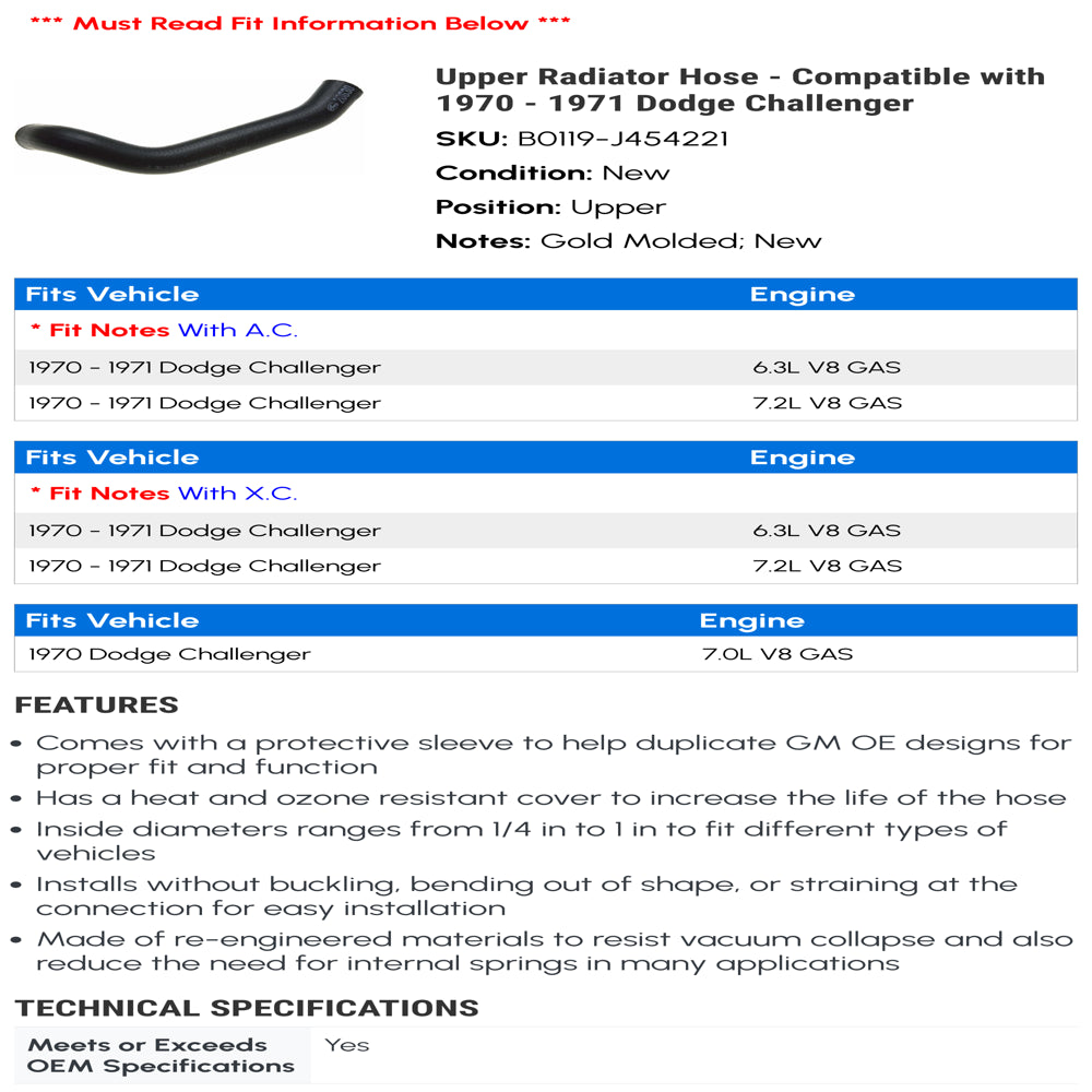 Upper Radiator Hose - Compatible with 1970 - 1971 Dodge Challenger