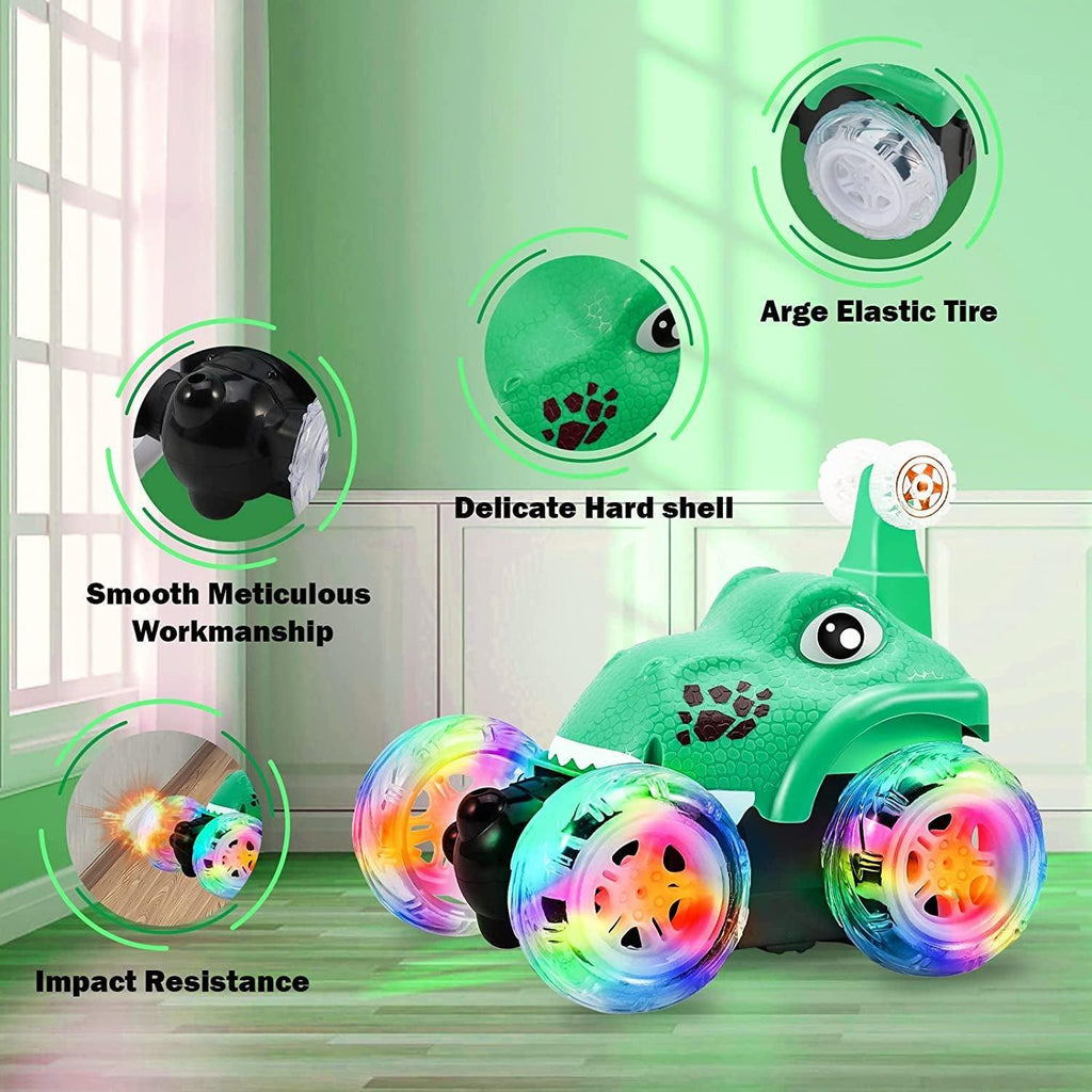 Remote Control Car, Dinosaur RC Stunt Car Invincible 360°Rolling Twister with Colorful Lights & Music Switch, Rechargeable RC Car for Toddlers, Kids, Boys and Girls(Green)