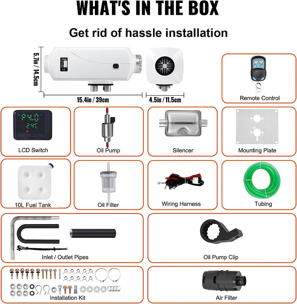 8KW Diesel Air Heater, 10L Tank, Diesel Heater 12V, Muffler, Diesel Parking Heater with LCD Switch and Remote Control, Fast Heating for Truck, Boat, Car Trailer, Campervans and Caravans
