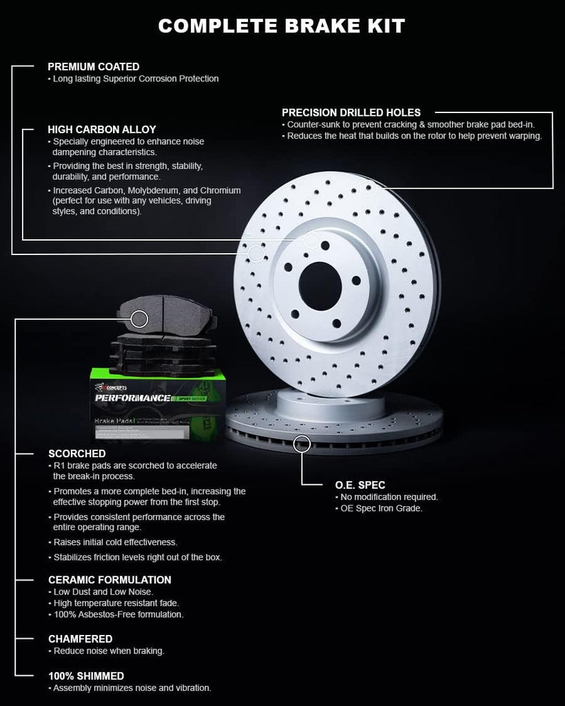 R1 Concepts Front Brakes and Rotors Kit |Front Brake Pads| Brake Rotors and Pads| Performance Sport Brake Pads and Rotors|Fits 2008-2019 Pontiac Vibe; Scion Xd; Toyota Corolla, Matrix