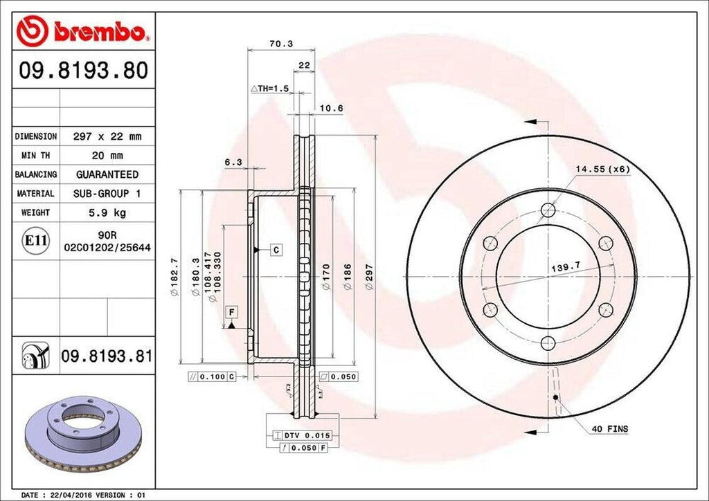 Brembo Front Disc Brake Rotor for Tacoma, 4Runner (09.8193.81)