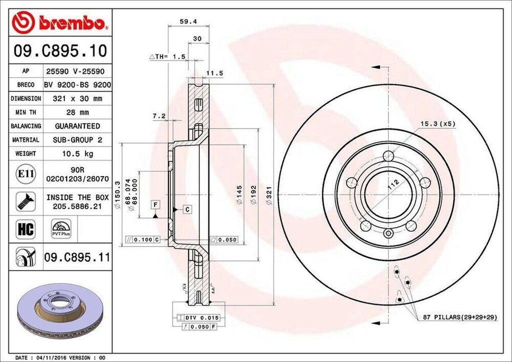 Brembo Front Disc Brake Rotor for A6, A6 Quattro (09.C895.11)