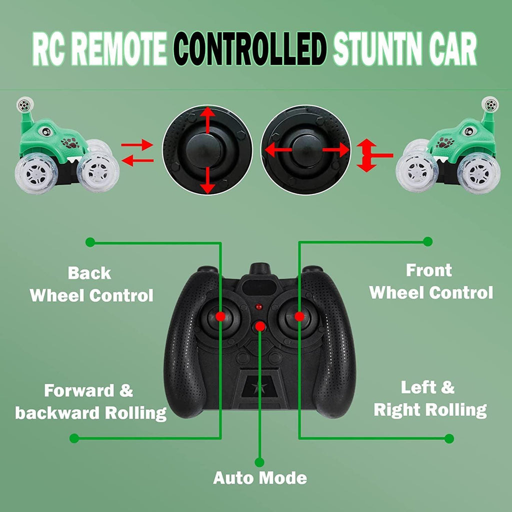 Remote Control Car, Dinosaur RC Stunt Car Invincible 360°Rolling Twister with Colorful Lights & Music Switch, Rechargeable RC Car for Toddlers, Kids, Boys and Girls(Green)
