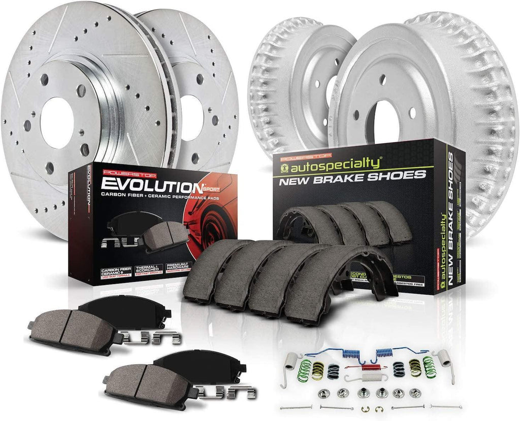 K15240DK Front and Rear Z23 Carbon Fiber Brake Pads with Drilled & Slotted Brake Drums Kit