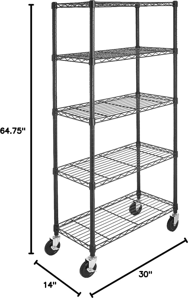 Amazon Basics 5-Shelf Medium Adjustable, Heavy Duty Storage Shelving Unit on 4'' Wheel Casters, Metal Organizer Wire Rack, Black, 30" L X 14" W X 64.75" H