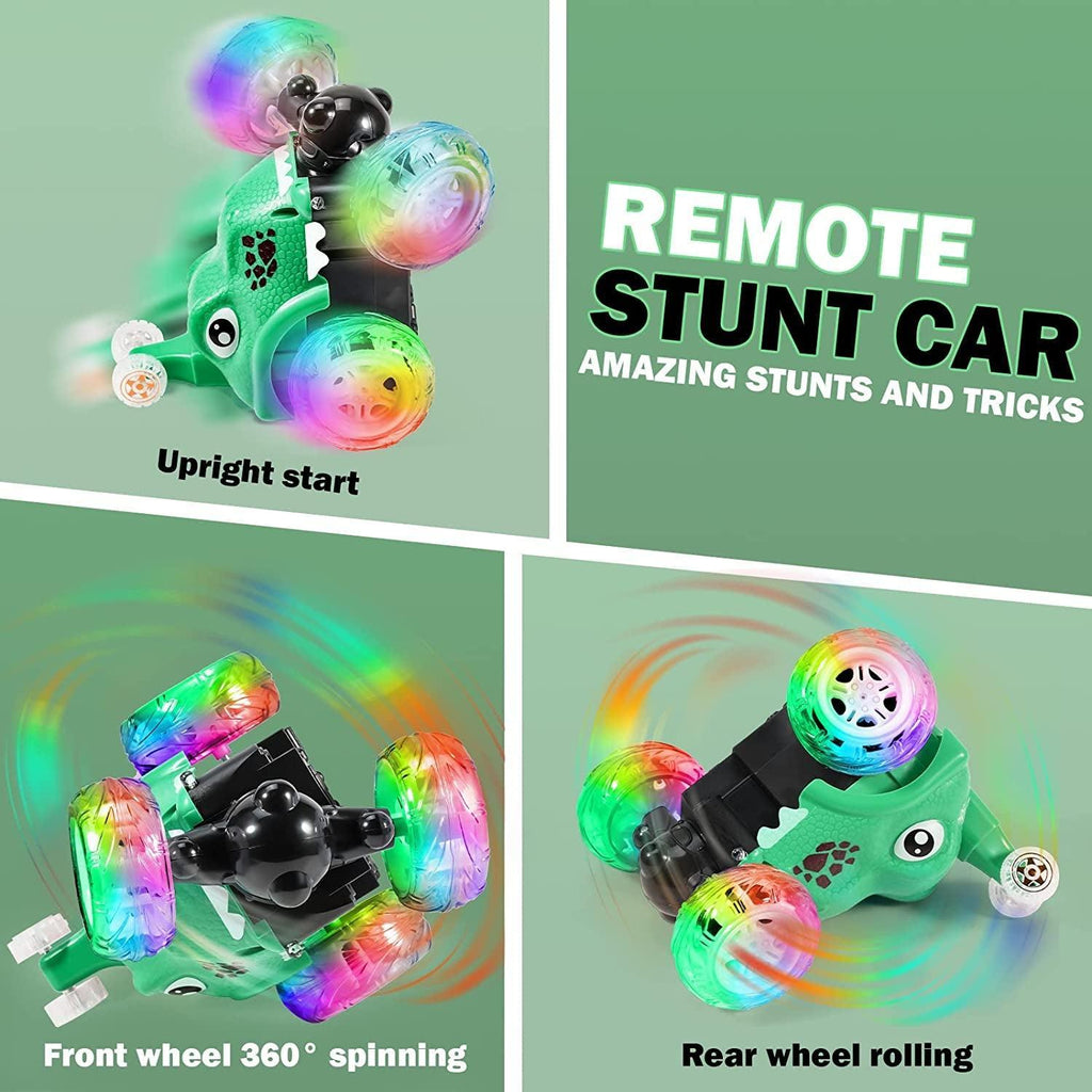 Remote Control Car, Dinosaur RC Stunt Car Invincible 360°Rolling Twister with Colorful Lights & Music Switch, Rechargeable RC Car for Toddlers, Kids, Boys and Girls(Green)