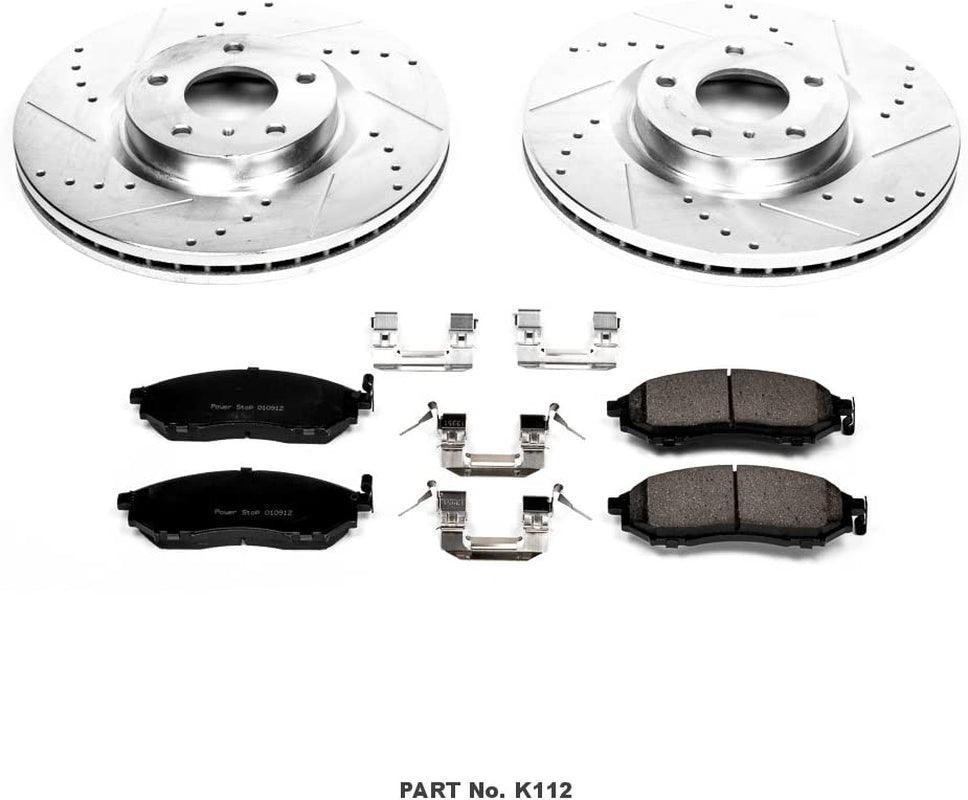 K112 Front Z23 Carbon Fiber Brake Pads with Drilled & Slotted Brake Rotors Kit 14.3 X 14.3 Inch