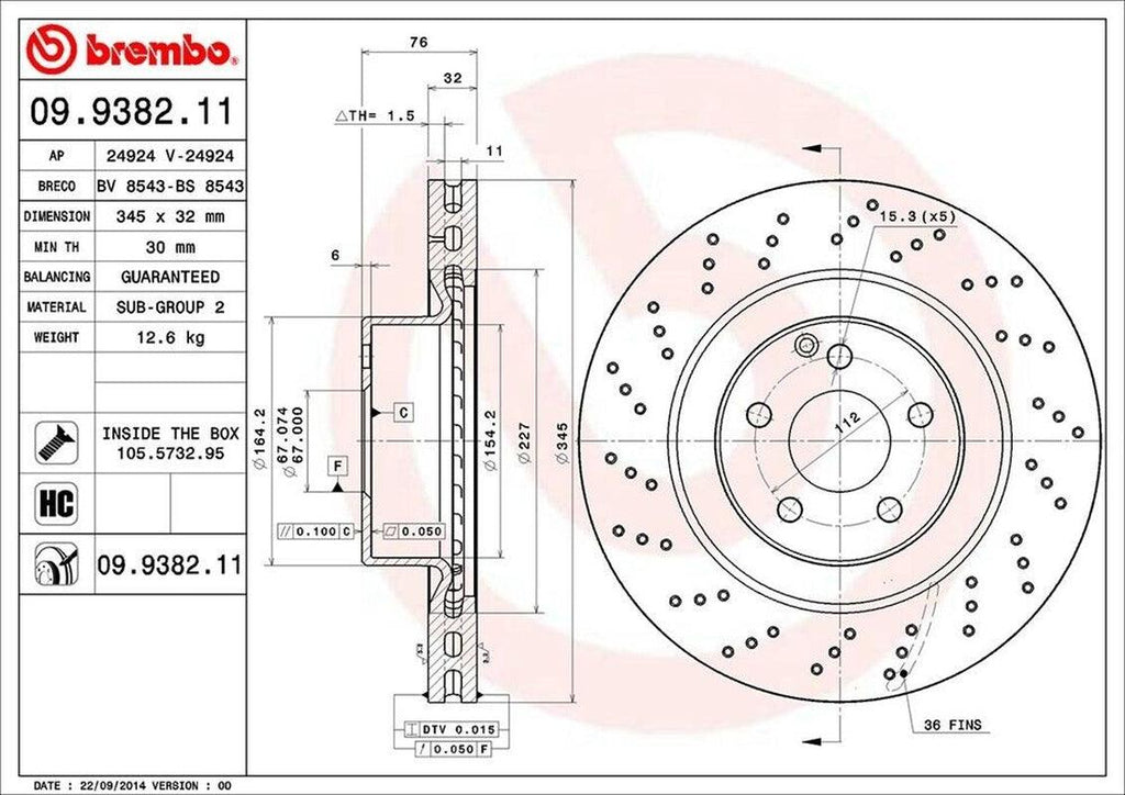 Brembo Front Disc Brake Rotor for CL600, S600, CL55 AMG, S55 AMG (09.9382.11)