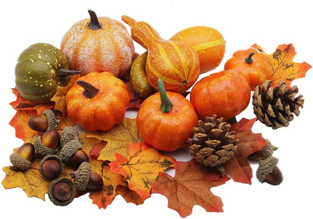 Winemana Thanksgiving Artificial Pumpkins Fall Decorations for Home, 50Pcs Fall Decor- 30 Fall Leaves, 10 Acorns, 2 Pinecones, 8 Fake Pumpkins, Harvest Farmhouse Table Tiered Tray Decorations Set