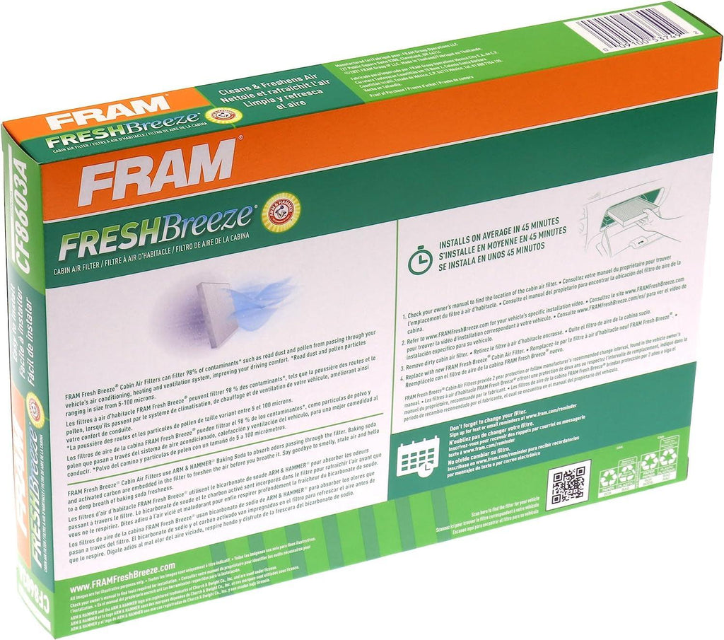 Fresh Breeze Cabin Air Filter Replacement for Car Passenger Compartment W/Arm and Hammer Baking Soda, Easy Install, CF8603A for Select Honda Vehicles White 2 Count (Pack of 1)