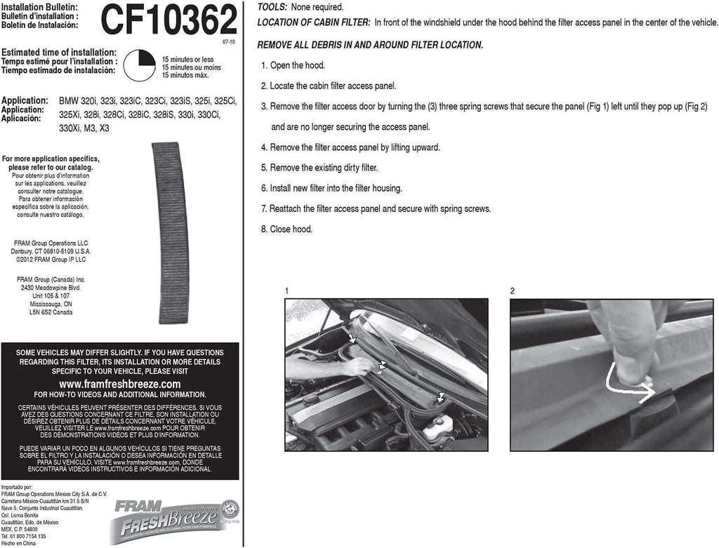 Fresh Breeze Cabin Air Filter Replacement for Car Passenger Compartment W/Arm and Hammer Baking Soda, Easy Install, CF10362 for Select BMW Vehicles , White