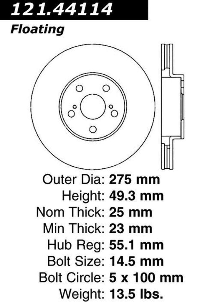 Centric Front Disc Brake Rotor for Tc, Vibe, Corolla, Matrix, Celica (121.44114)