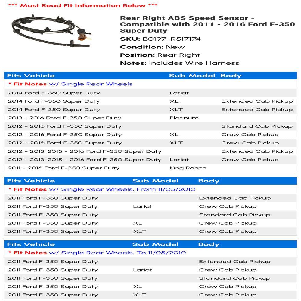 Rear Right ABS Speed Sensor - Compatible with 2011 - 2016 Ford F-350 Super Duty 2012 2013 2014 2015