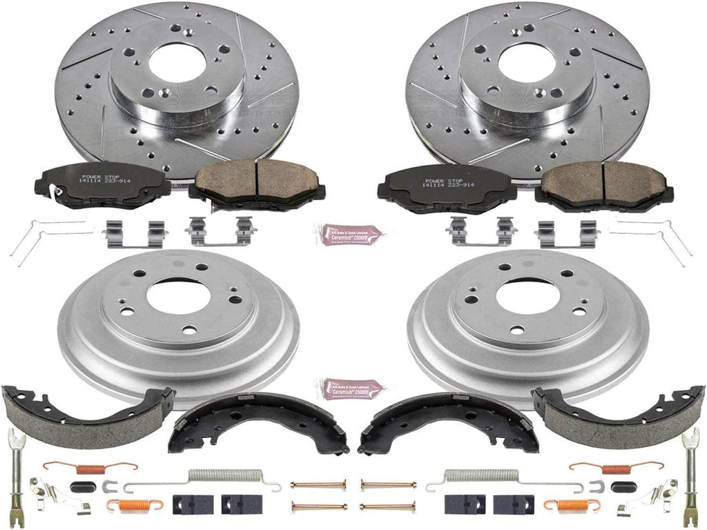 K15243DK Front and Rear Z23 Carbon Fiber Brake Pads with Drilled & Slotted Brake Drums Kit