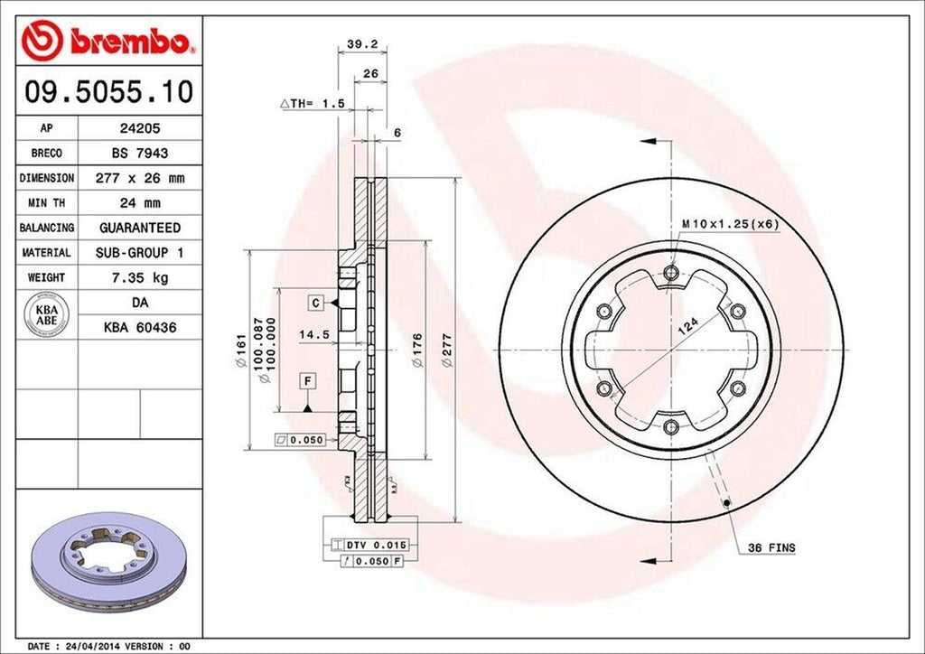 Brembo Front Disc Brake Rotor for Frontier, Pickup, Pathfinder, D21 (09.5055.10)