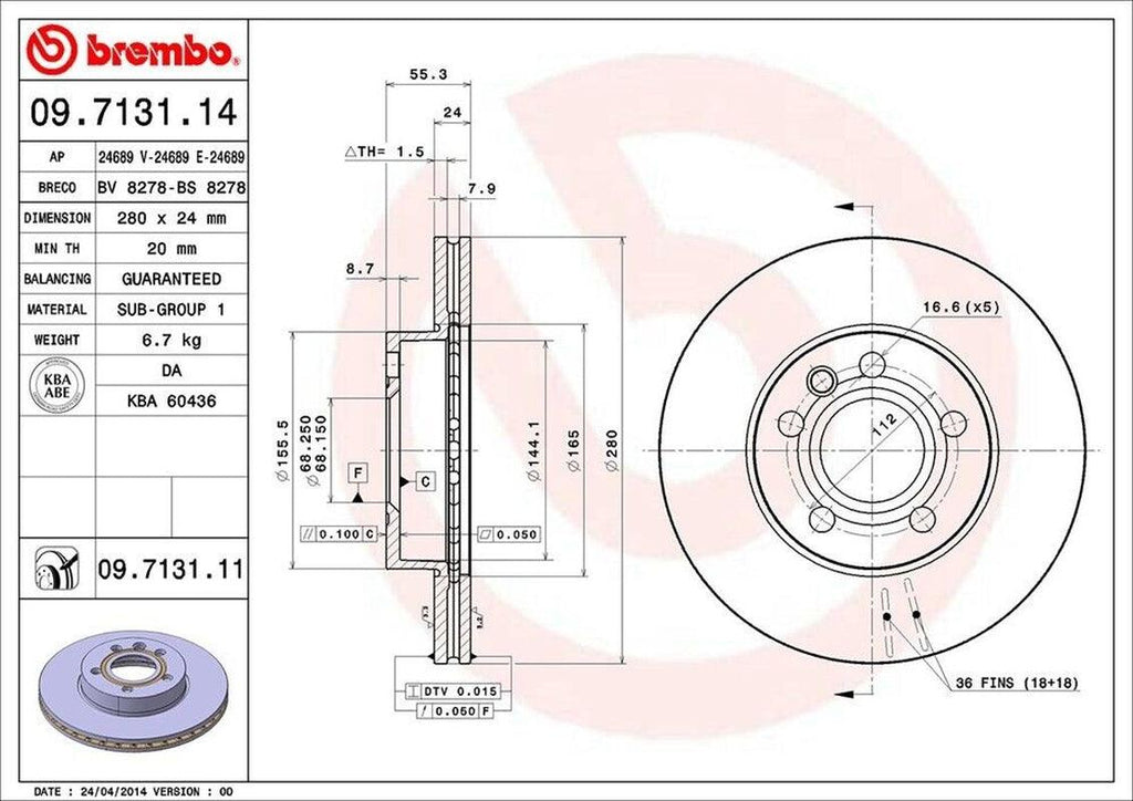 Brembo Front Disc Brake Rotor for 1997-2000 Eurovan (09.7131.11)