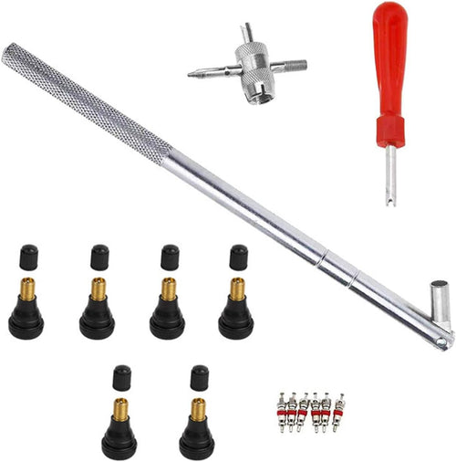Tire Valve Stem Tool Puller and Installer Kit, Remover and Installation Set, 6 Pcs TR412 Snap-In Valve Stems with Valve Stem Cores, 1 Pcs Single Head Tire Valve Core Tool, 1 Pcs 4-Way Valve Tool