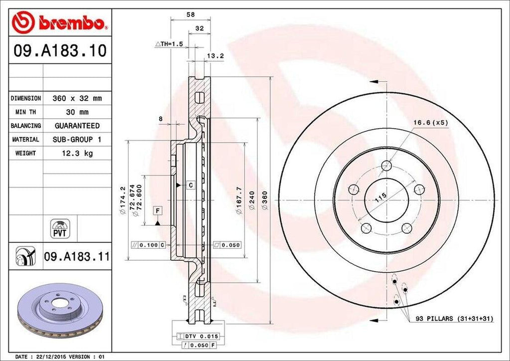 Brembo Front Disc Brake Rotor for Challenger, Charger, 300, Magnum (09.A183.11)