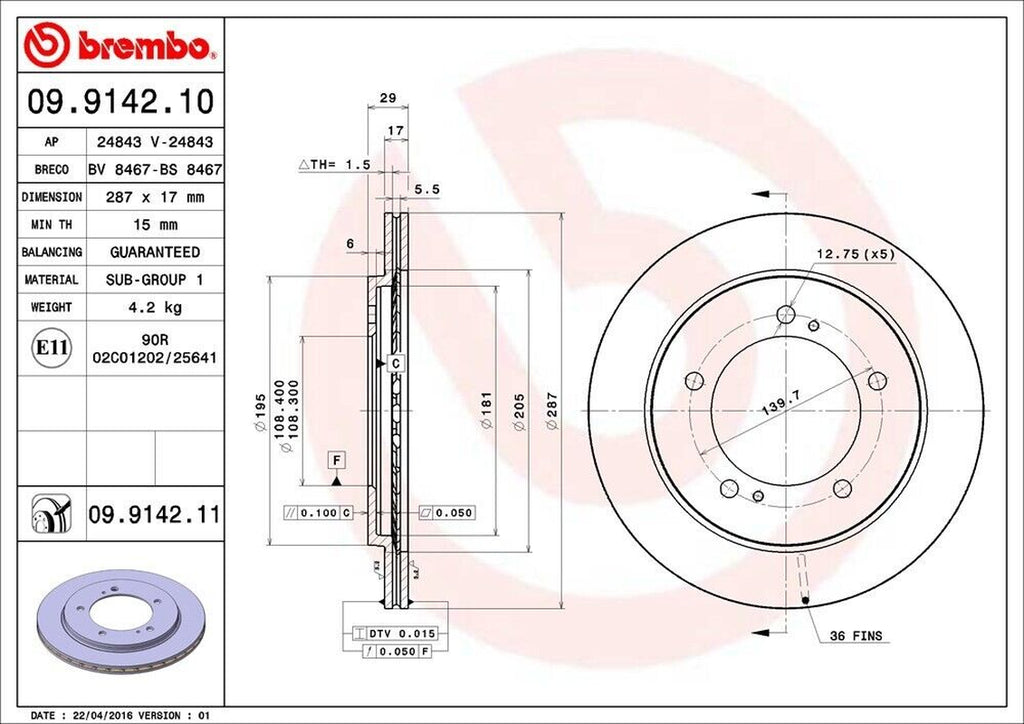 Brembo Front Disc Brake Rotor for Tracker, Vitara (09.9142.11)