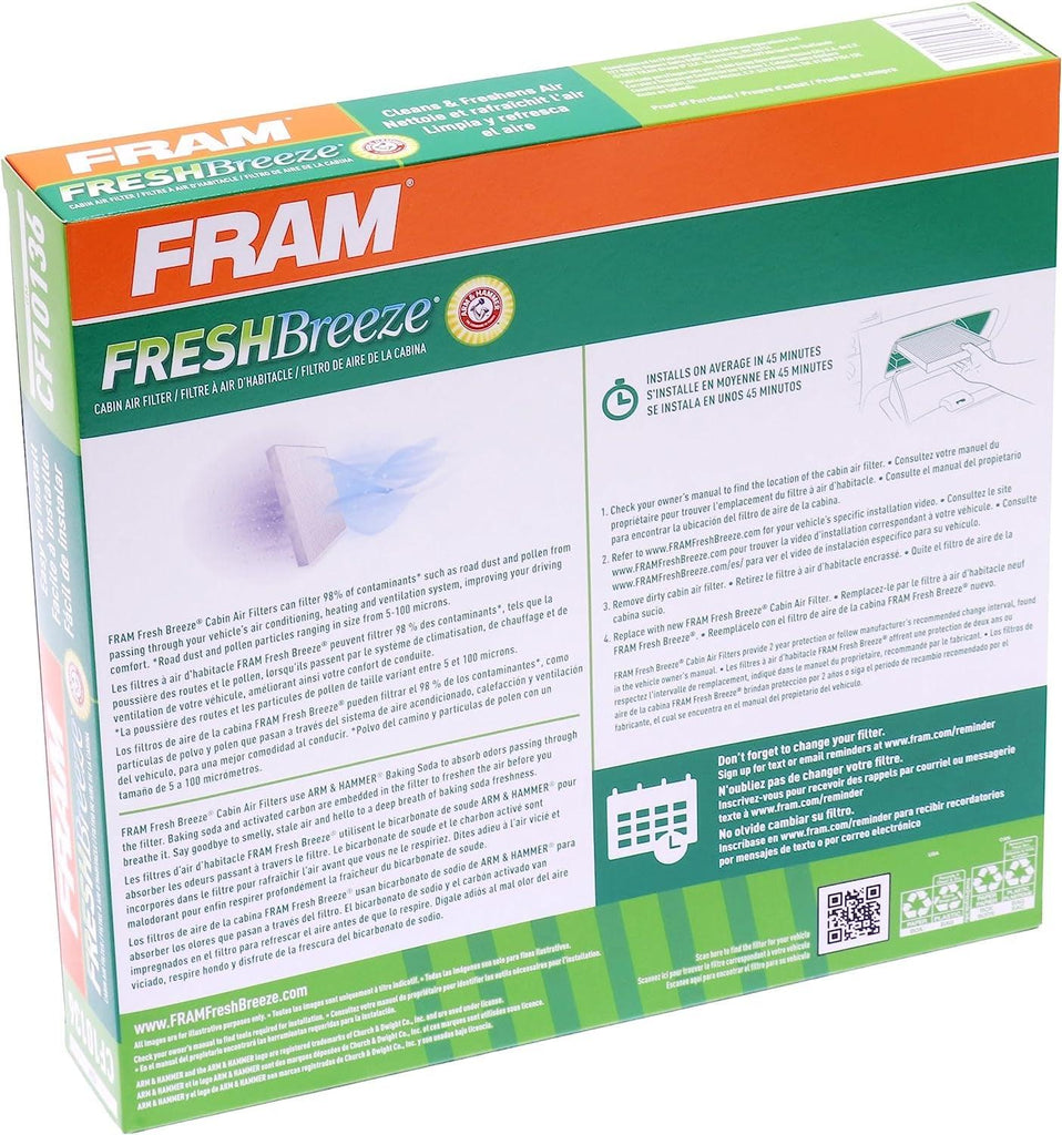 Fresh Breeze Cabin Air Filter Replacement for Car Passenger Compartment W/ Arm and Hammer Baking Soda, Easy Install, CF10136 for GM Vehicles, White