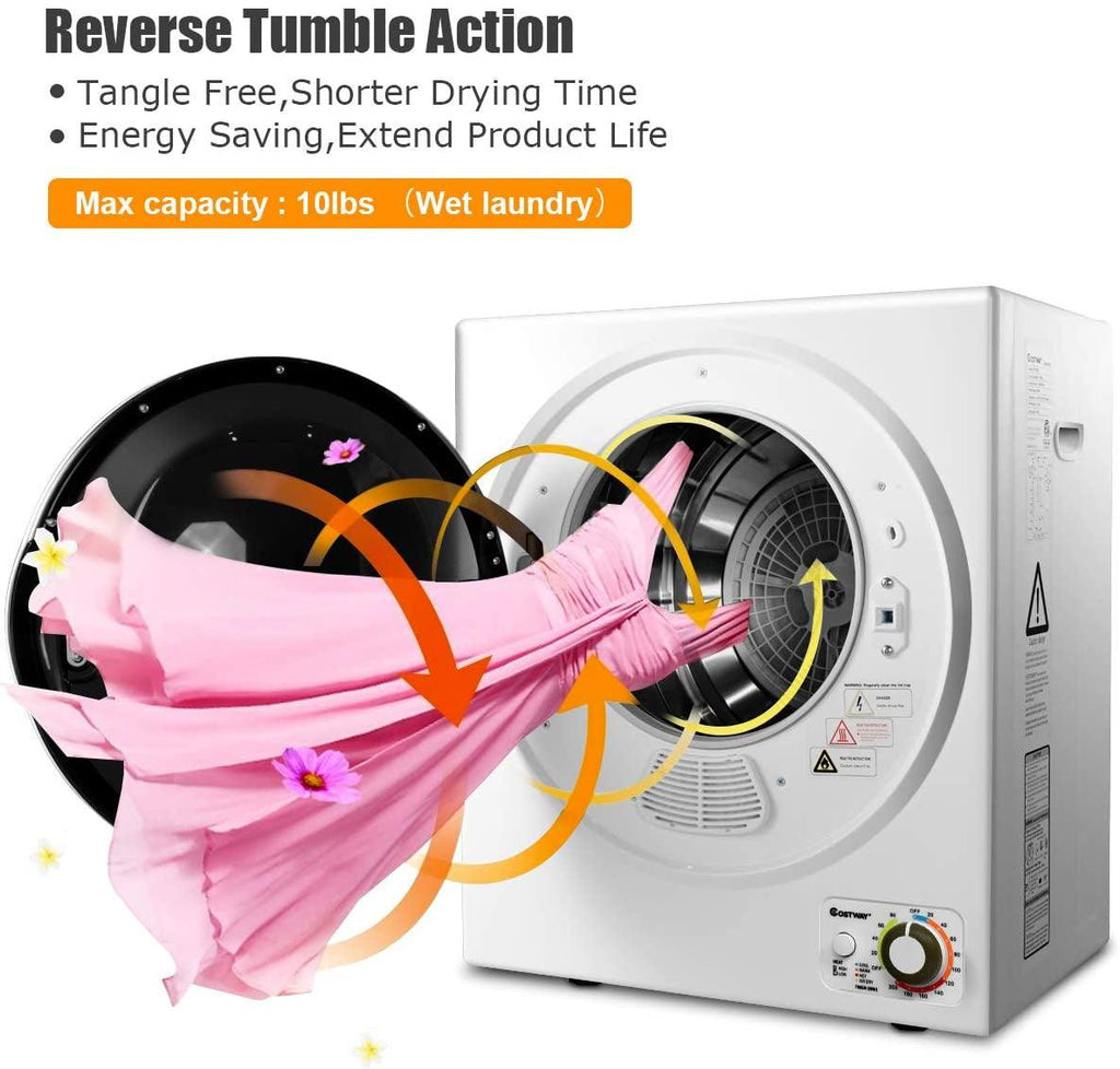 COSTWAY Compact Laundry Dryer, 110V Electric Portable Clothes Dryer with Stainless Steel Tub, Control Panel Downside Easy Control for 4 Automatic Drying Mode, White
