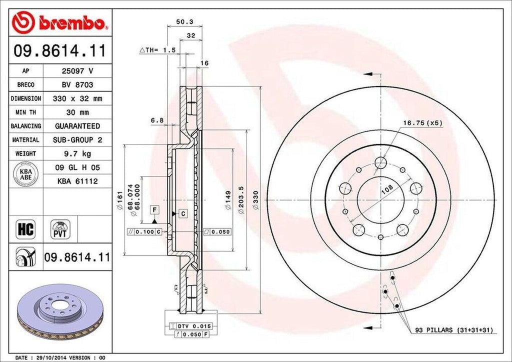 Brembo Front Disc Brake Rotor for S60, V70 (09.8614.11)