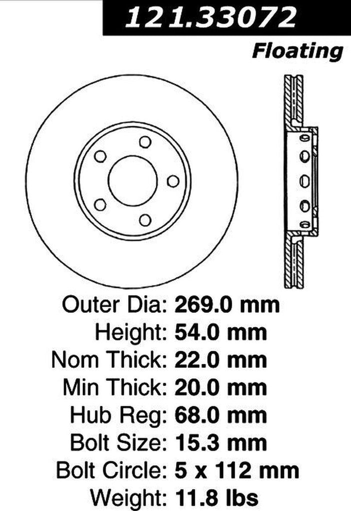 Centric Rear Disc Brake Rotor for A6 Quattro, Passat, S6 (121.33072)