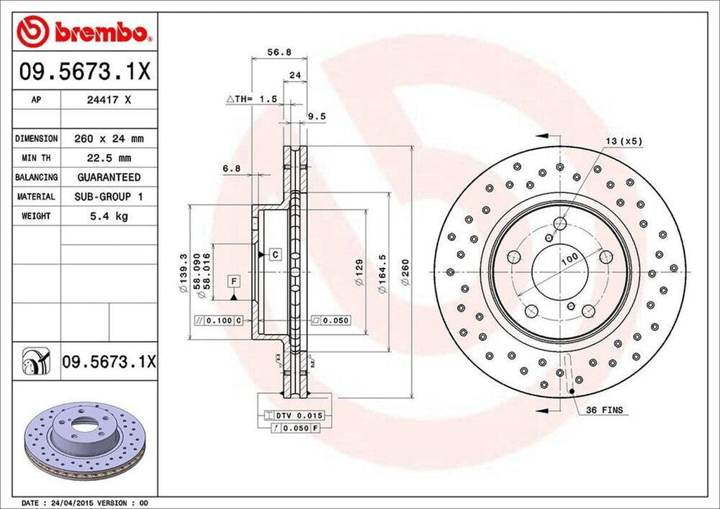 Brembo Front Disc Brake Rotor for Impreza, Legacy (09.5673.1X)