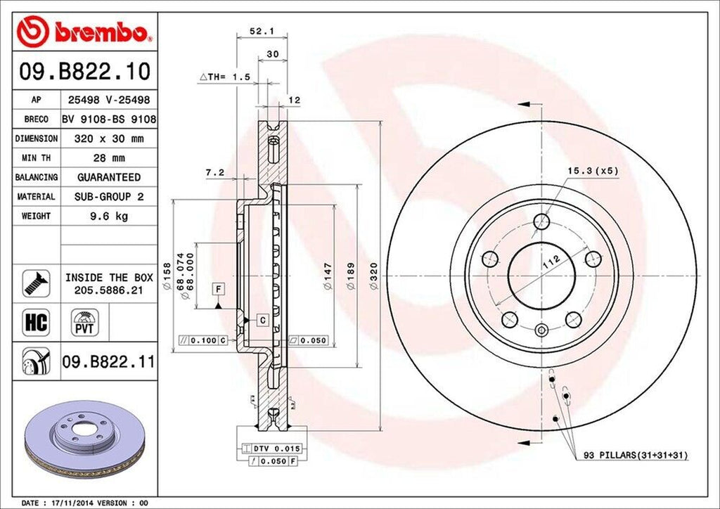 Brembo Front Disc Brake Rotor for 13-17 Audi Q5 (09.B822.11)