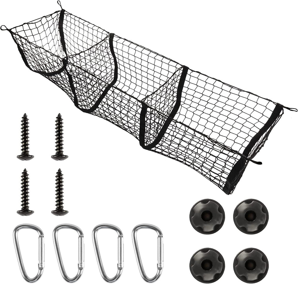 Amiss Heavy Duty Mesh Cargo Net, 3 Pocket Trunk Bed Storage Organizer Compatible for SUV, Car, Pickup Truck Bed, Etc.With 4 Metal Hooks (11.8×11.8×47.3 Inch), Black