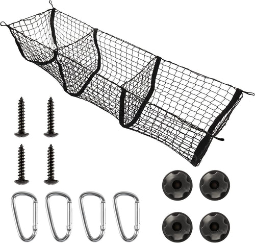 Amiss Heavy Duty Mesh Cargo Net, 3 Pocket Trunk Bed Storage Organizer Compatible for SUV, Car, Pickup Truck Bed, Etc.With 4 Metal Hooks (11.8×11.8×47.3 Inch), Black