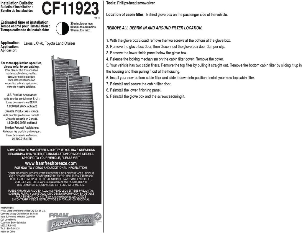 Fresh Breeze Cabin Air Filter Replacement for Car Passenger Compartment W/ Arm and Hammer Baking Soda, Easy Install, CF11923 for Select Lexus and Toyota Vehicles