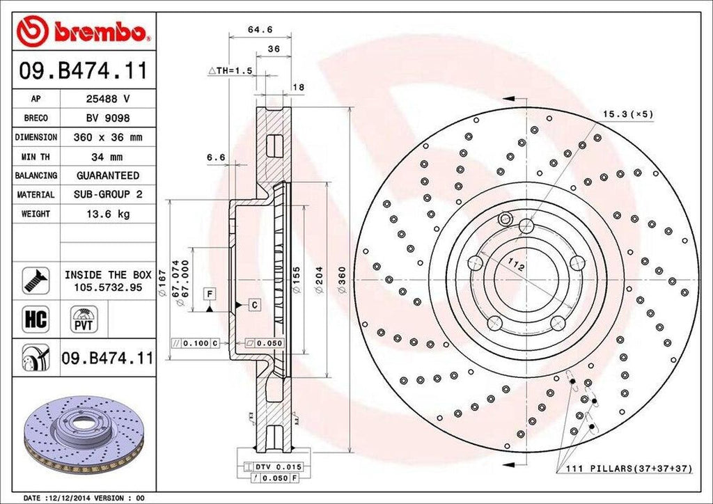 Brembo Front Disc Brake Rotor for 13-15 Mercedes-Benz SL550 (09.B474.11)