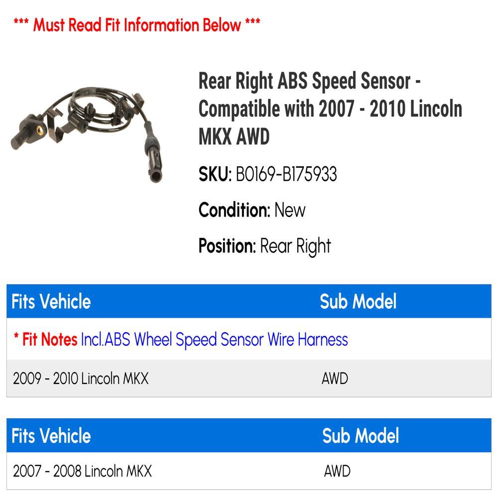 Rear Right ABS Speed Sensor - Compatible with 2007 - 2010 Lincoln MKX AWD 2008 2009