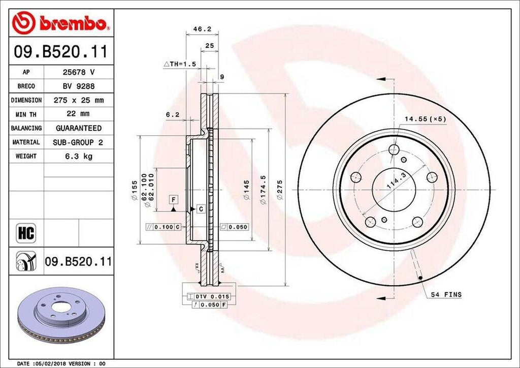 Brembo Front Disc Brake Rotor for RAV4, Prius V, Xb, Hs250H (09.B520.11)