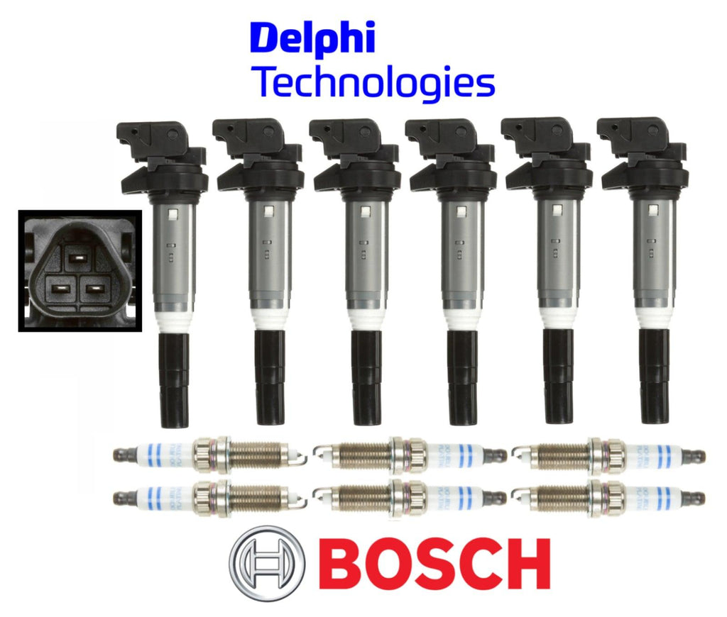 OEM Ignition Coil Delphi + Spark Plug Double Platinum Bosch (6Sets) for BMW Gas