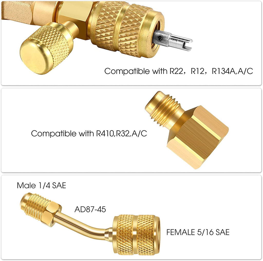 R410A Valve Core Remover Kits 7 Air Conditioning Refrigerant Angled Compact Ball Valve Compatible with SAE 1/ 4 and 5/ 16 Port R410 R32 Brass Adapter 20 Valve Cores 10 Brass Nut 270 Sealing Washer