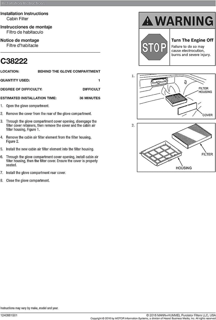 C38222 one Advanced Cabin Air Filter Compatible with Select Toyota and Lexus