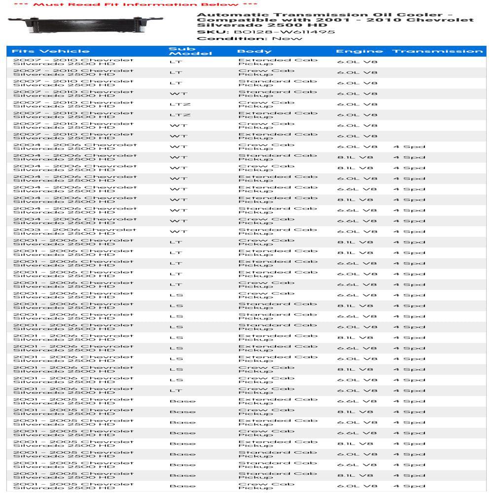 Automatic Transmission Oil Cooler - Compatible with 2001 - 2010 Chevy Silverado 2500 HD 2002 2003 2004 2005 2006 2007 2008 2009