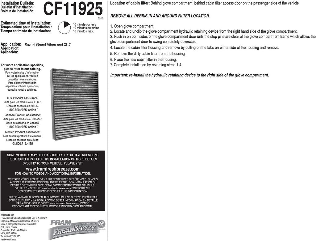 Fresh Breeze Cabin Air Filter Replacement for Car Passenger Compartment W/ Arm and Hammer Baking Soda, Easy Install, CF11925 for Select Suzuki Vehicles , White