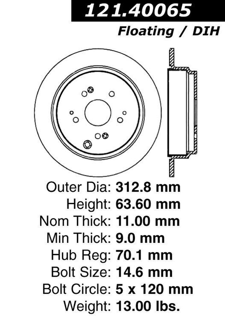 Centric Rear Disc Brake Rotor for 05-10 Honda Odyssey (121.40065)