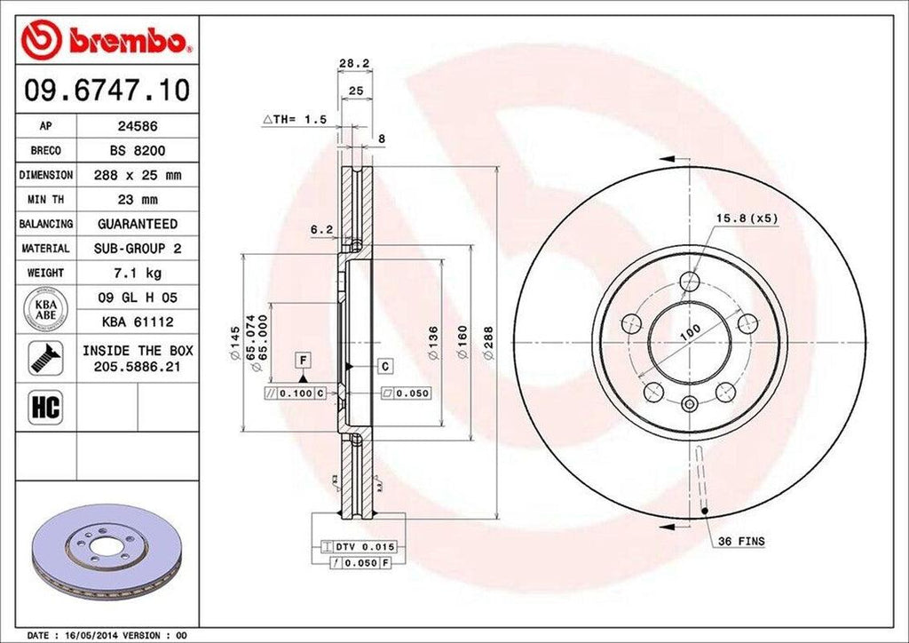 Brembo Front Disc Brake Rotor for Jetta, Golf, Passat, Corrado (09.6747.10)