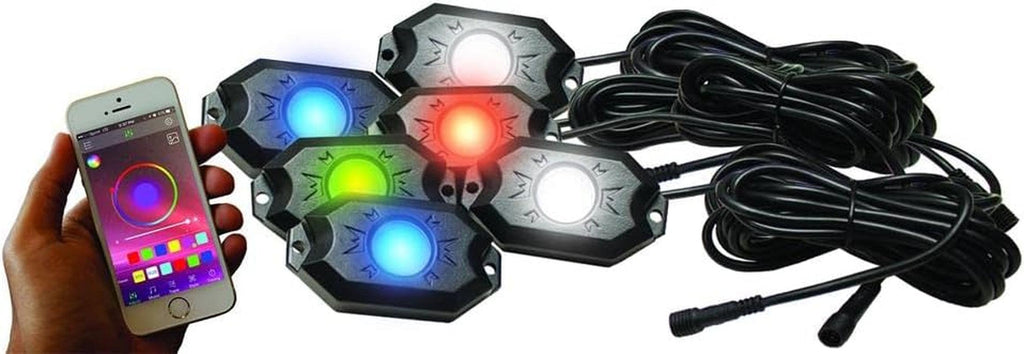 Race Sport Lighting  NEW 6-POD RGB+W Hi-Power Rock Light Complete Kit with Bluetooth APP Controls in Retail Box